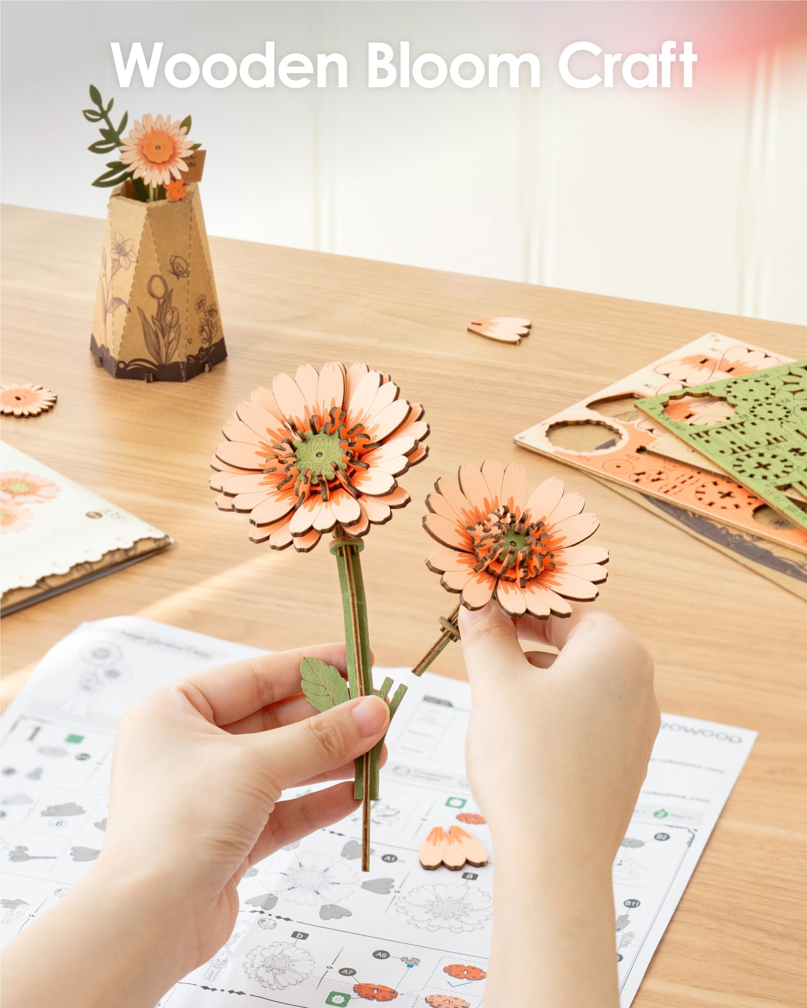 ROBOTIME 3D Puzzle Light Orange Gerbera Daisy TW111 - DIY Wooden Flower Model Kit for Adults, Home Decor, Valentine's Gift