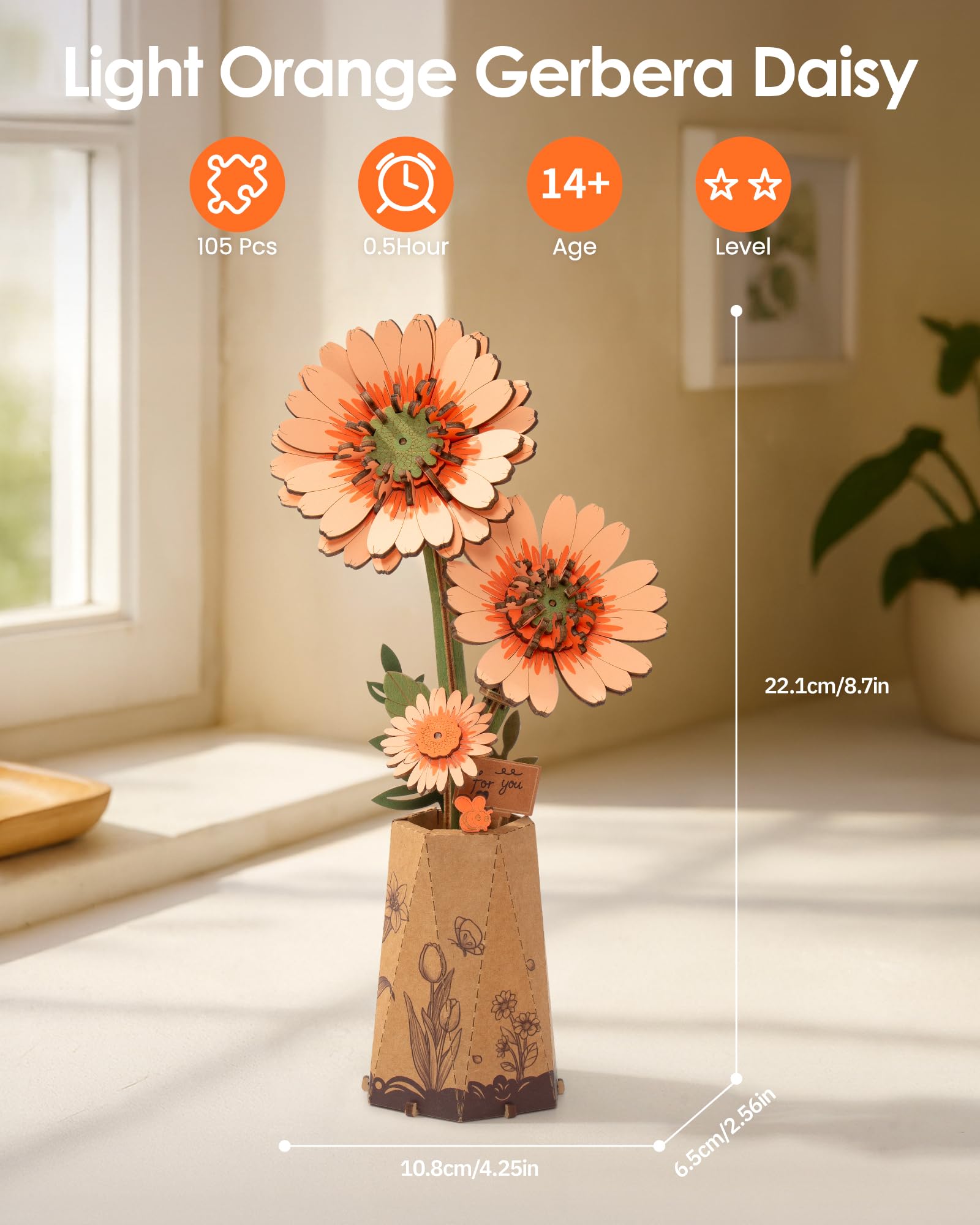 ROBOTIME 3D Puzzle Light Orange Gerbera Daisy TW111 - DIY Wooden Flower Model Kit for Adults, Home Decor, Valentine's Gift