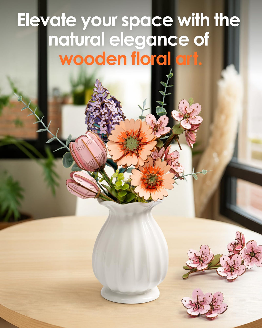 ROBOTIME 3D Puzzle Light Orange Gerbera Daisy TW111 - DIY Wooden Flower Model Kit for Adults, Home Decor, Valentine's Gift