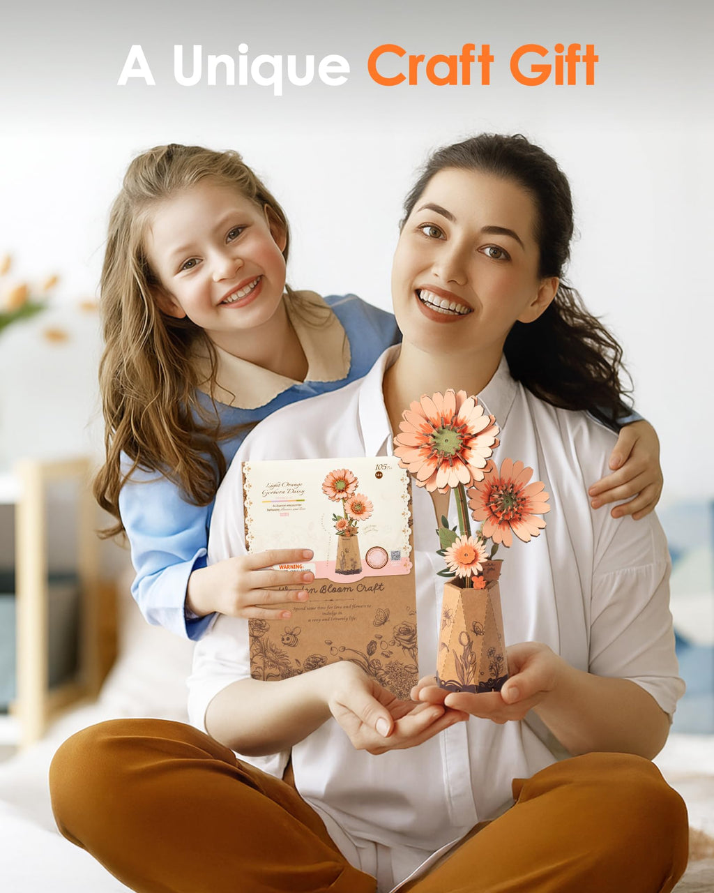 ROBOTIME 3D Puzzle Light Orange Gerbera Daisy TW111 - DIY Wooden Flower Model Kit for Adults, Home Decor, Valentine's Gift