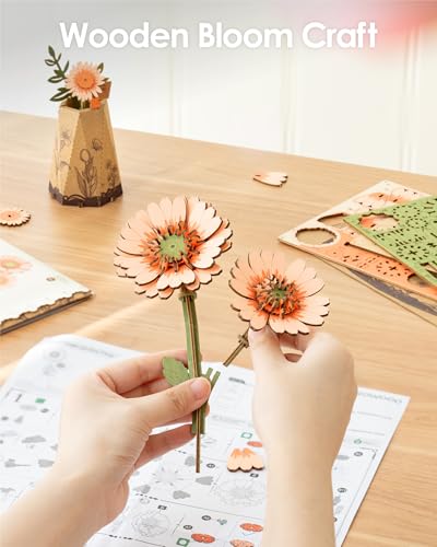 ROBOTIME 3D Puzzle Light Orange Gerbera Daisy TW111 - DIY Wooden Flower Model Kit for Adults, Home Decor, Valentine's Gift