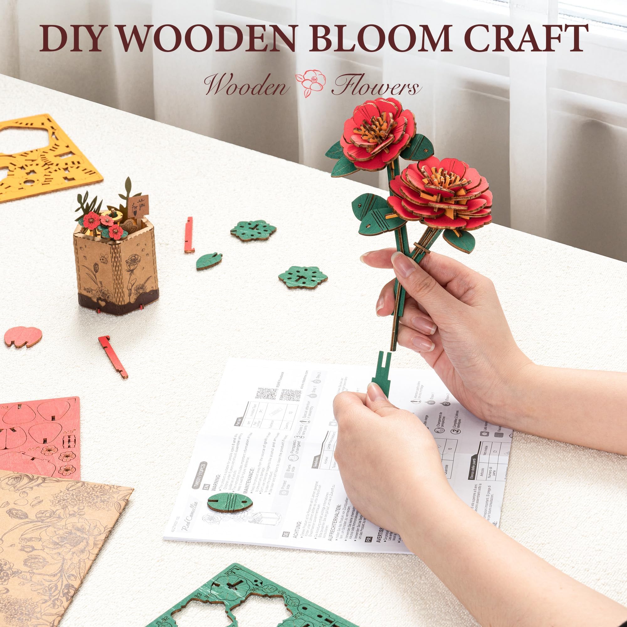 ROBOTIME Wooden 3D Puzzle – Red Camellia Flower Model Kit for Adults and Teens