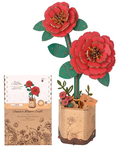 ROBOTIME Wooden 3D Puzzle – Red Camellia Flower Model Kit for Adults and Teens