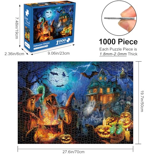 Rocorose 1000 Piece Halloween Jigsaw Puzzle – Witches, Skeletons & Haunted House Scene, 27.6" x 19.7" for Adults
