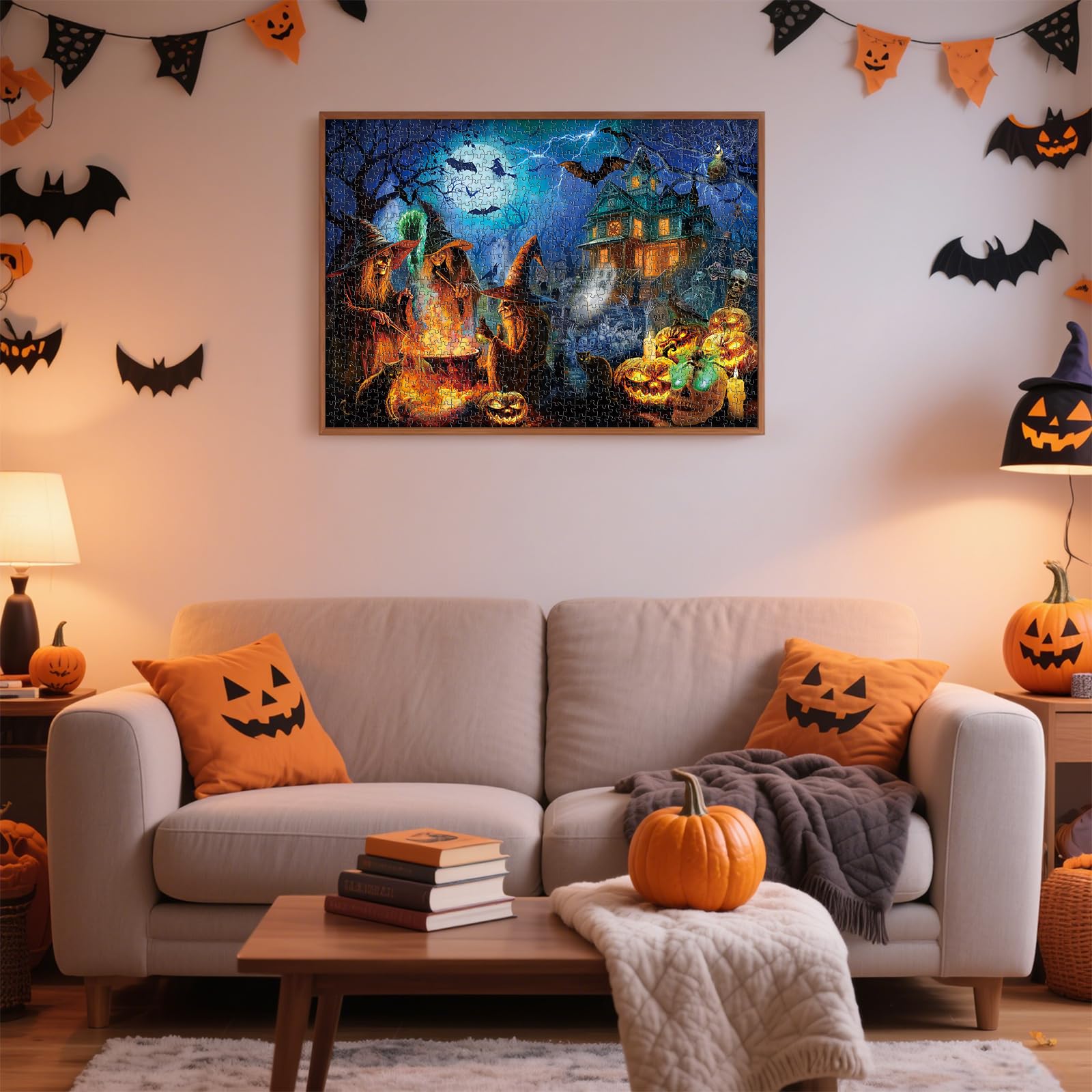 Rocorose 1000 Piece Halloween Jigsaw Puzzle – Witches, Skeletons & Haunted House Scene, 27.6" x 19.7" for Adults