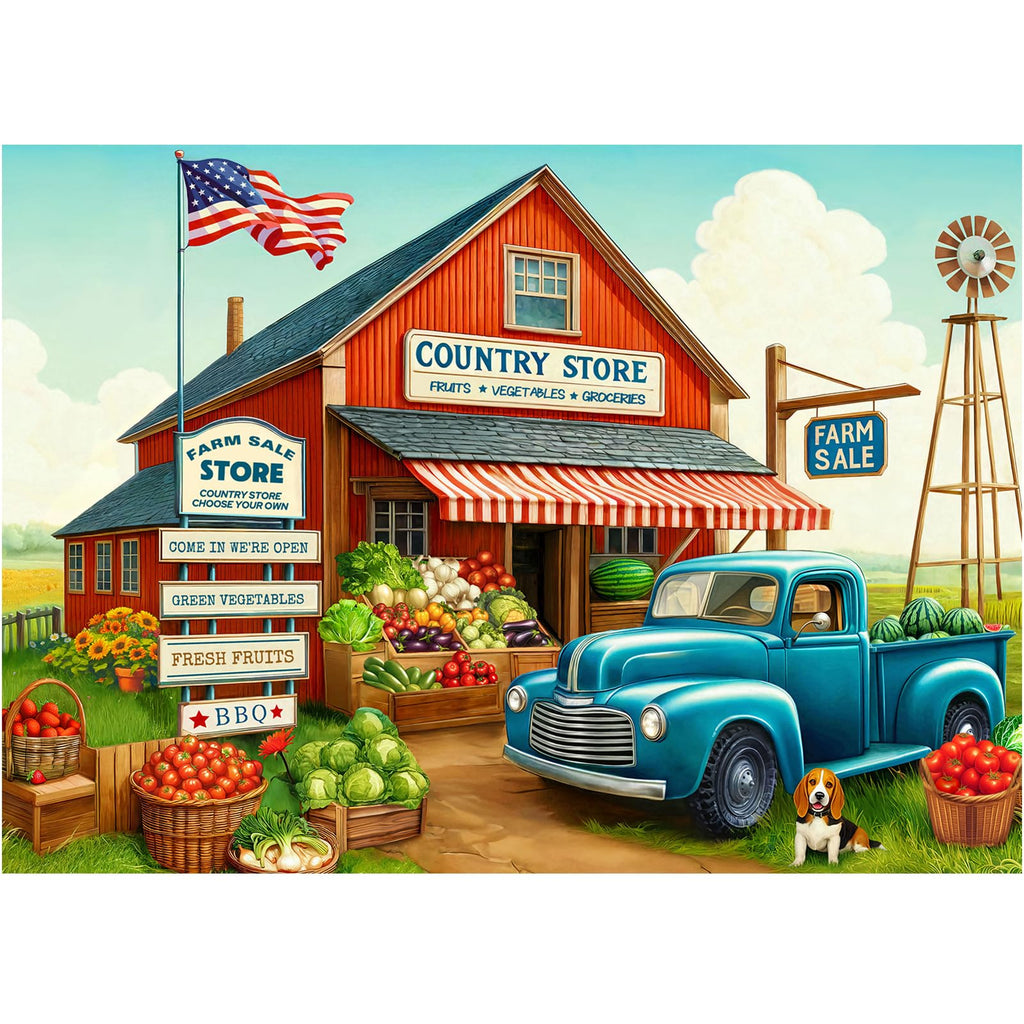 Rocorose 1000-Piece Jigsaw Puzzle: Country Store with Trucks & Produce – Challenging Adult Puzzle, Unique Pieces