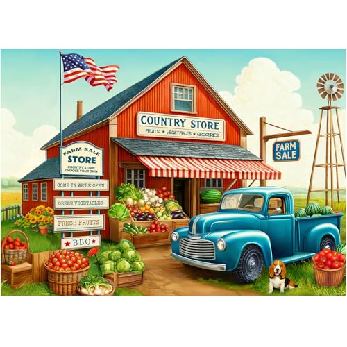 Rocorose 1000-Piece Jigsaw Puzzle: Country Store with Trucks & Produce – Challenging Adult Puzzle, Unique Pieces