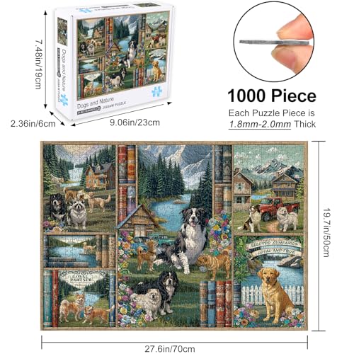 Rocorose 1000 Piece Jigsaw Puzzle for Adults – Dogs Bookshelf Nature Scene, 27.6 x 19.7 Inches, Includes Poster