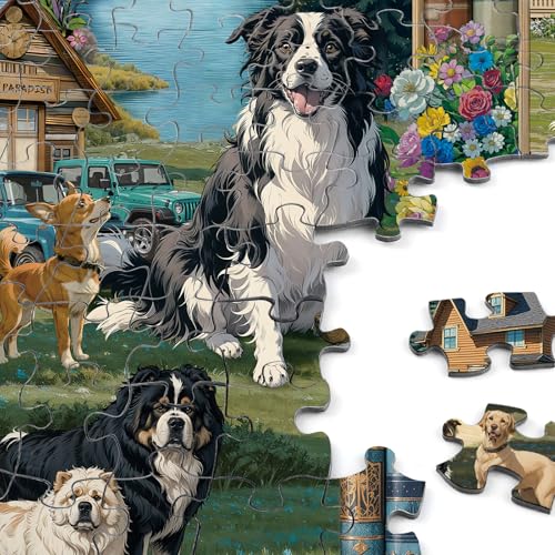 Rocorose 1000 Piece Jigsaw Puzzle for Adults – Dogs Bookshelf Nature Scene, 27.6 x 19.7 Inches, Includes Poster