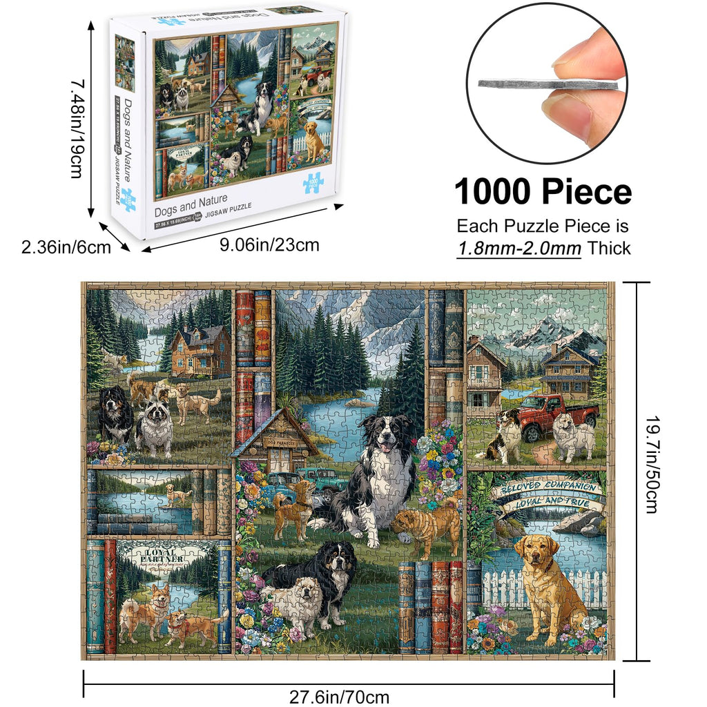 Rocorose 1000 Piece Jigsaw Puzzle for Adults – Dogs Bookshelf Nature Scene, 27.6 x 19.7 Inches, Includes Poster
