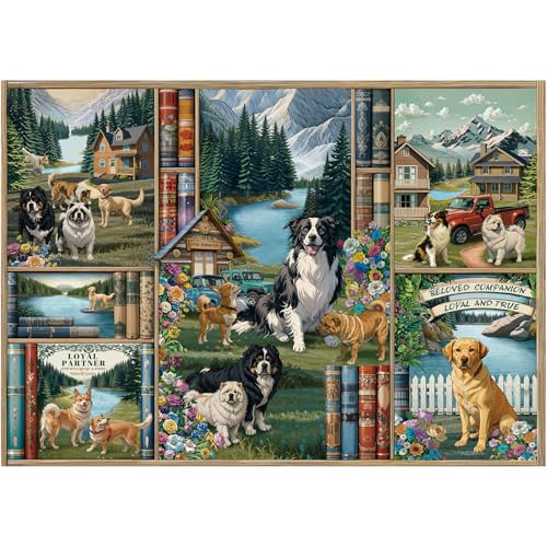 Rocorose 1000 Piece Jigsaw Puzzle for Adults – Dogs Bookshelf Nature Scene, 27.6 x 19.7 Inches, Includes Poster