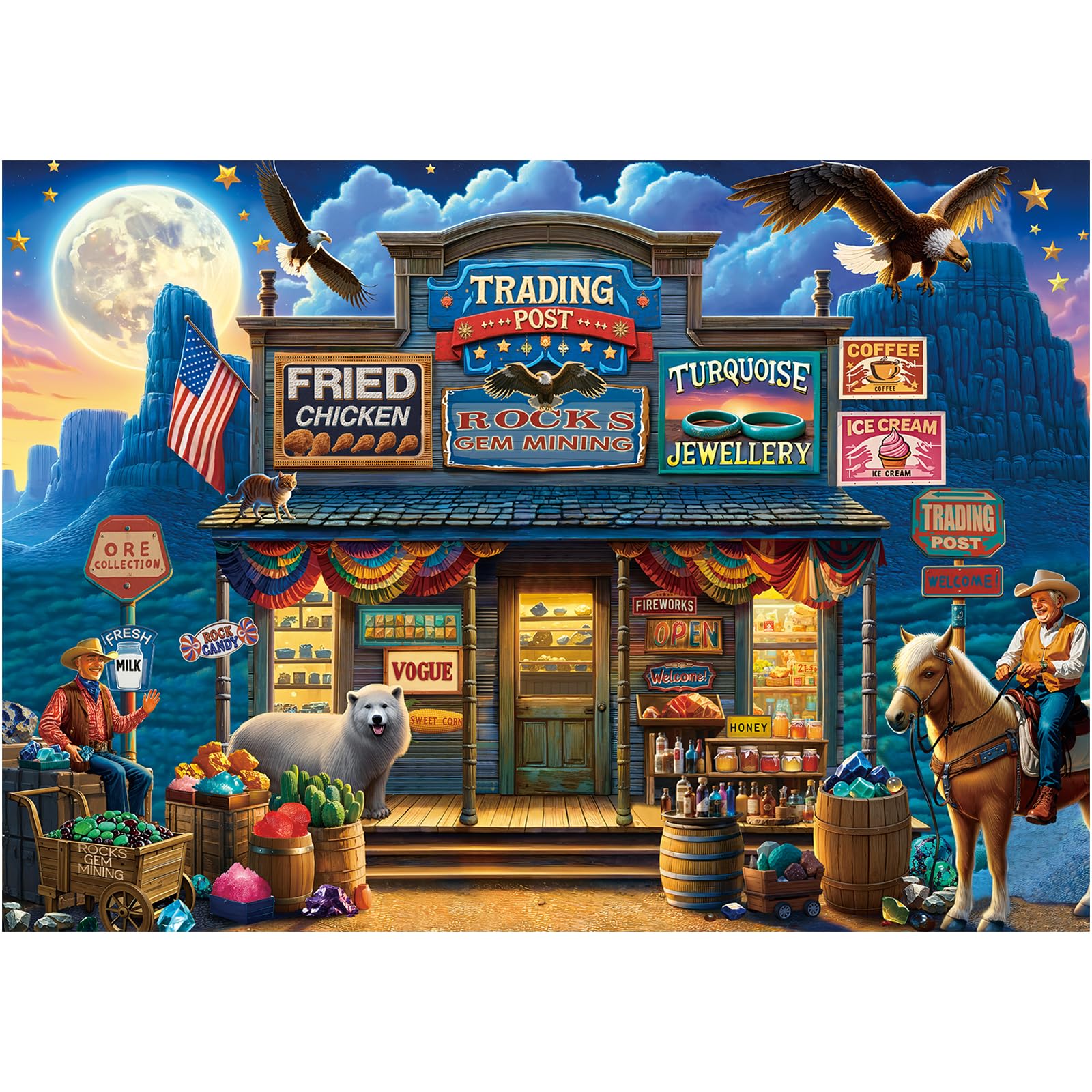 Rocorose 1000-Piece Jigsaw Puzzle: Retro Trading Post Scene with Cowboys and Eagles, Finished Size 27.6" x 19.7", Includes Full-Color Poster