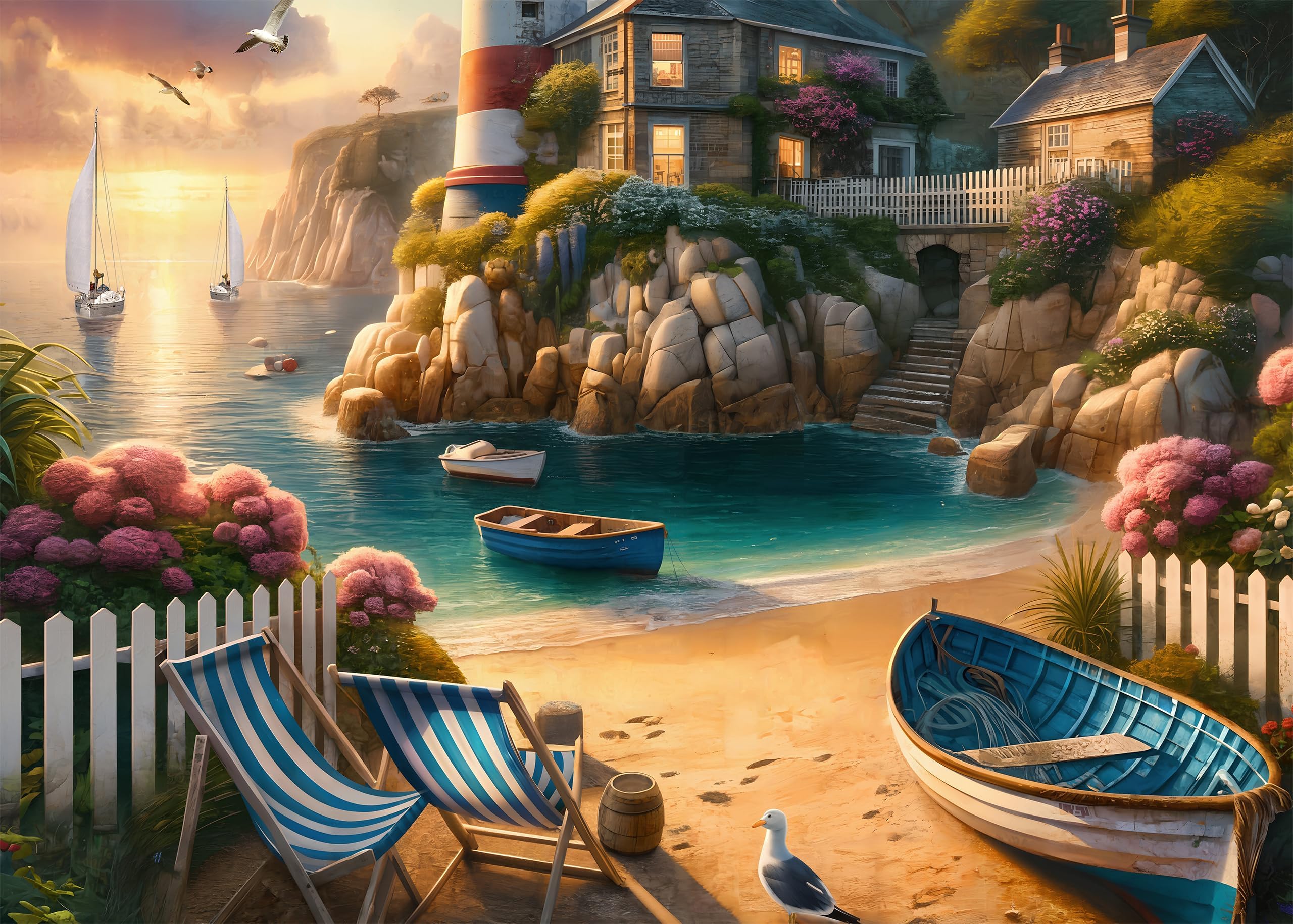 Rocorose 1000 Piece Lighthouse Coast Jigsaw Puzzle for Adults - Beach Sunrise Scene with Bonus Poster