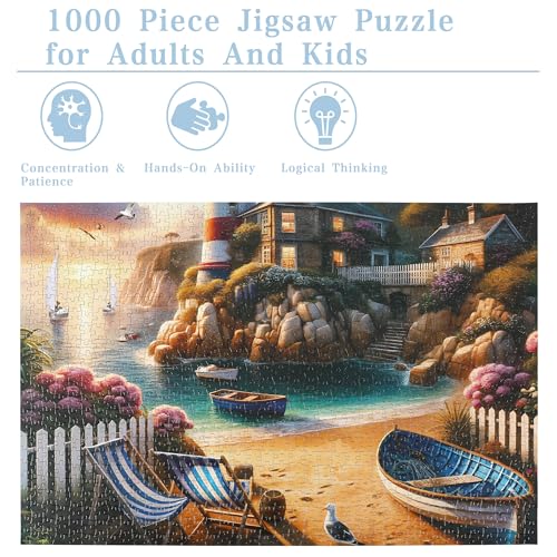 Rocorose 1000 Piece Lighthouse Coast Jigsaw Puzzle for Adults - Beach Sunrise Scene with Bonus Poster