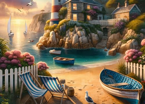 Rocorose 1000 Piece Lighthouse Coast Jigsaw Puzzle for Adults - Beach Sunrise Scene with Bonus Poster