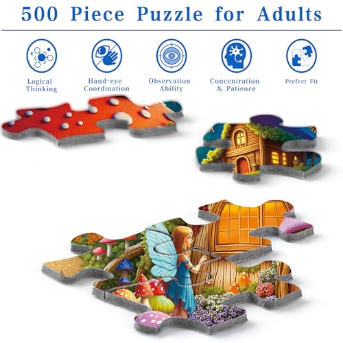 Rocorose 500-Piece Mushroom House Jigsaw Puzzle – Fairy Village Scene, 20 x 14.2 Inches