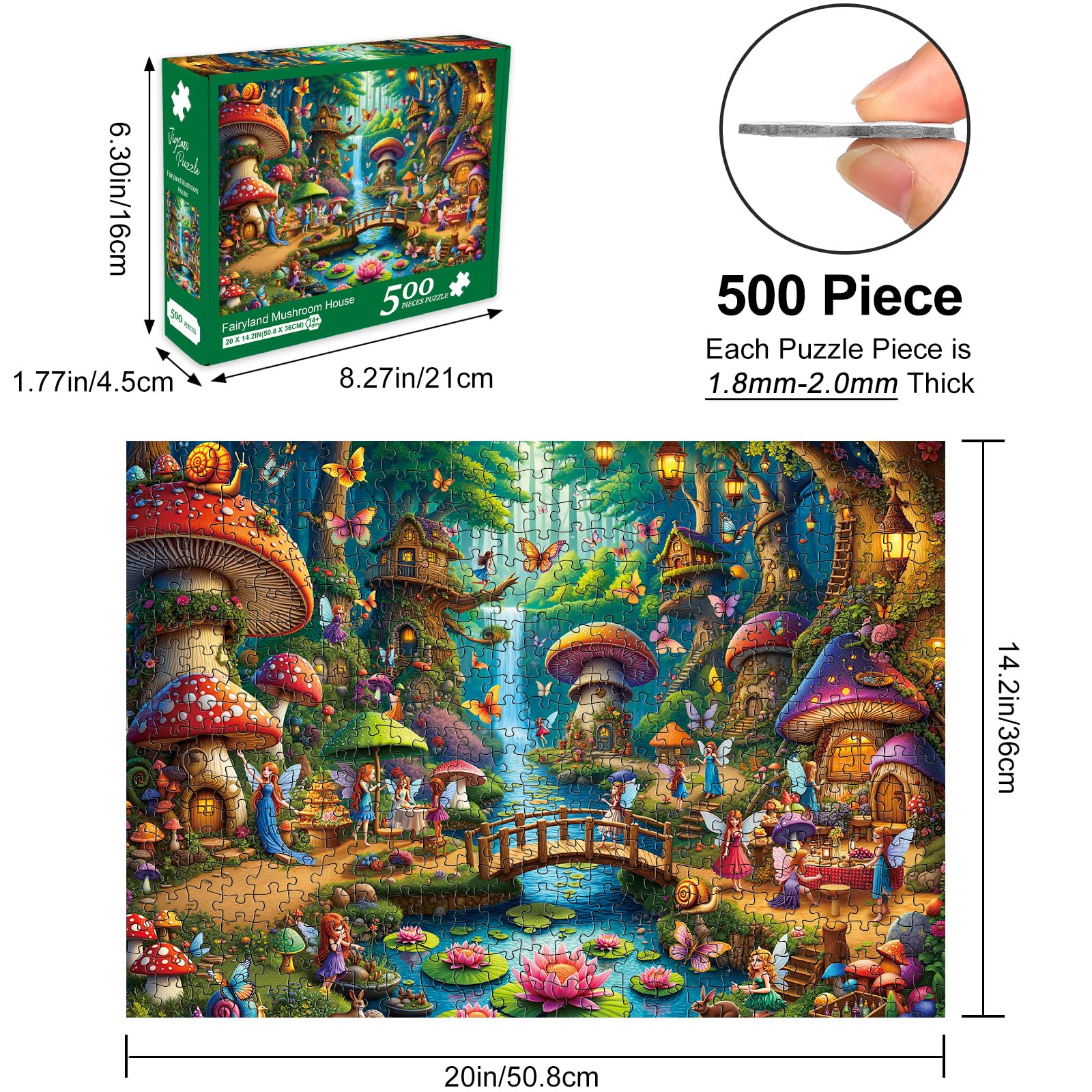 Rocorose 500-Piece Mushroom House Jigsaw Puzzle – Fairy Village Scene, 20 x 14.2 Inches