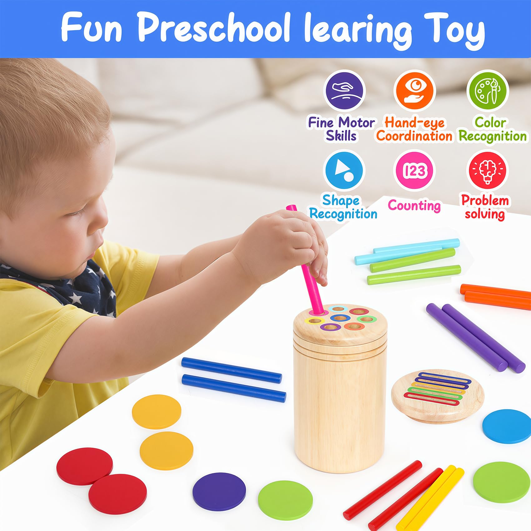 ROOCHKD Wooden Sorting Toy – Montessori Color & Shape Sorter for Toddlers Ages 2-5