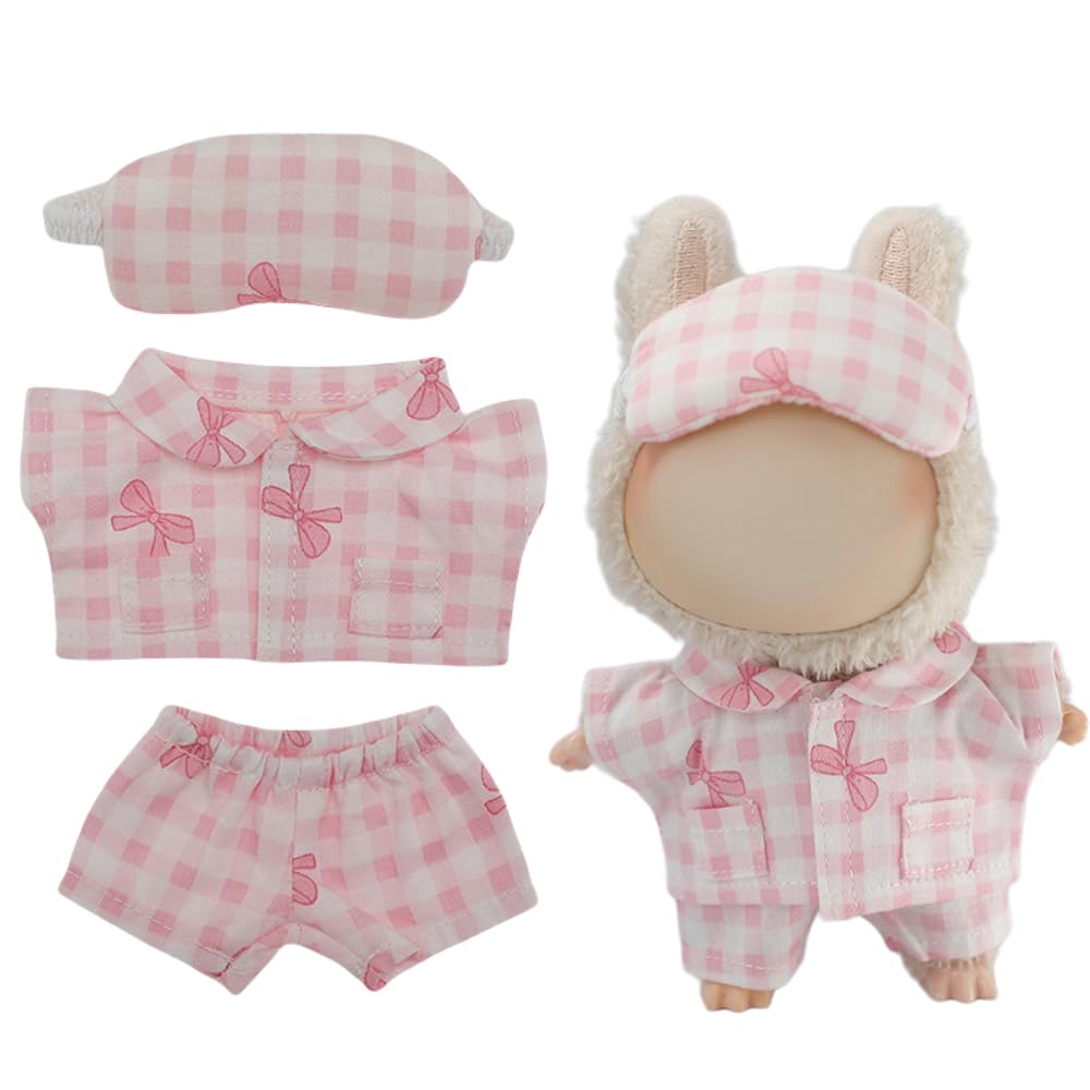 Roozxbscen Soft Cotton Plaid Pajama Set for 17cm Labubu Dolls - 3 Pieces with Eye Mask (Pink)