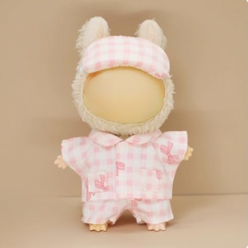Roozxbscen Soft Cotton Plaid Pajama Set for 17cm Labubu Dolls - 3 Pieces with Eye Mask (Pink)