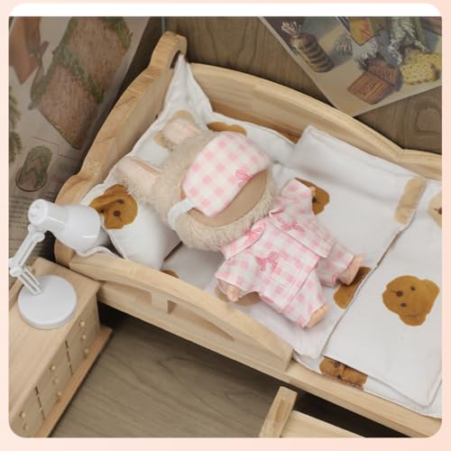 Roozxbscen Soft Cotton Plaid Pajama Set for 17cm Labubu Dolls - 3 Pieces with Eye Mask (Pink)