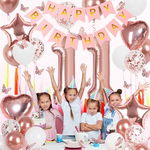 Rose Gold 11th Birthday Decorations Kit for Girls – Banner, 40-Inch Number 11 Foil Balloon, Butterfly Decorations, Heart & Star Balloons by VBEOLLOV