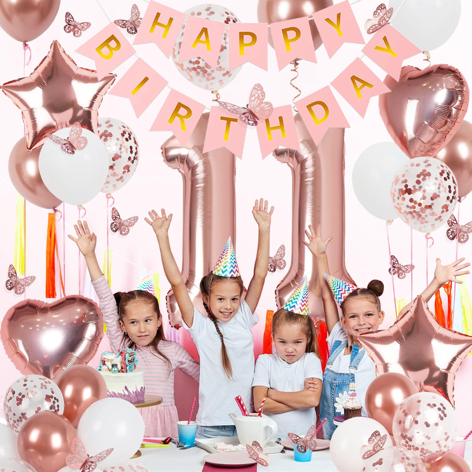 Rose Gold 11th Birthday Decorations Kit for Girls – Banner, 40-Inch Number 11 Foil Balloon, Butterfly Decorations, Heart & Star Balloons by VBEOLLOV