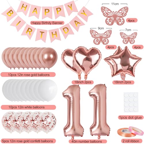Rose Gold 11th Birthday Decorations Kit for Girls – Banner, 40-Inch Number 11 Foil Balloon, Butterfly Decorations, Heart & Star Balloons by VBEOLLOV