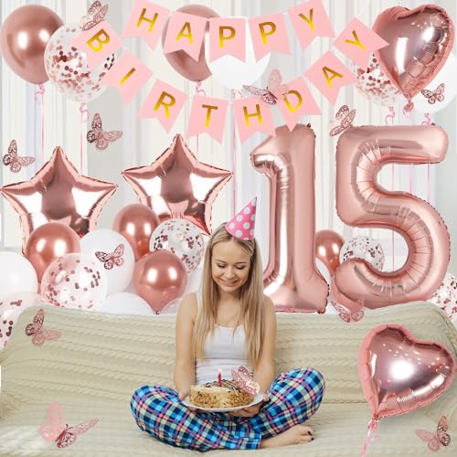 Rose Gold 15th Birthday Decorations for Girl – Banner, 40In Number 15 Foil Balloon, Butterfly & Heart/Star Balloons Set