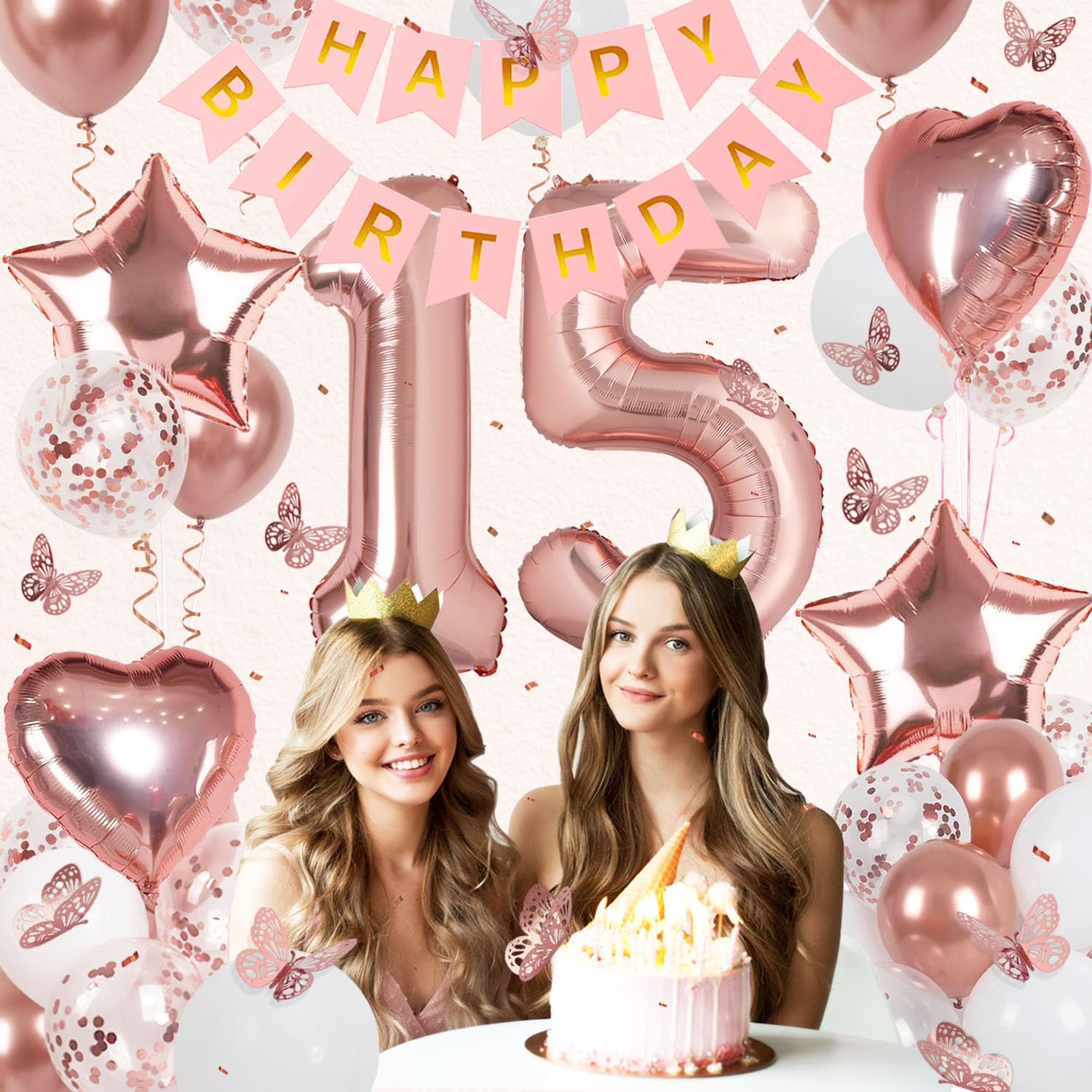 Rose Gold 15th Birthday Decorations for Girl – Banner, 40In Number 15 Foil Balloon, Butterfly & Heart/Star Balloons Set
