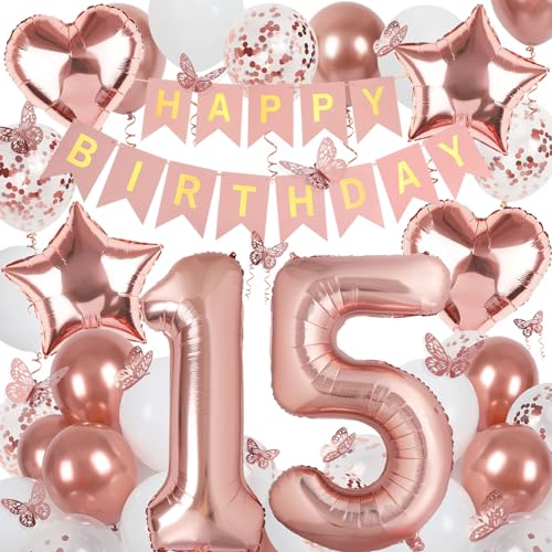 Rose Gold 15th Birthday Decorations for Girl – Banner, 40In Number 15 Foil Balloon, Butterfly & Heart/Star Balloons Set