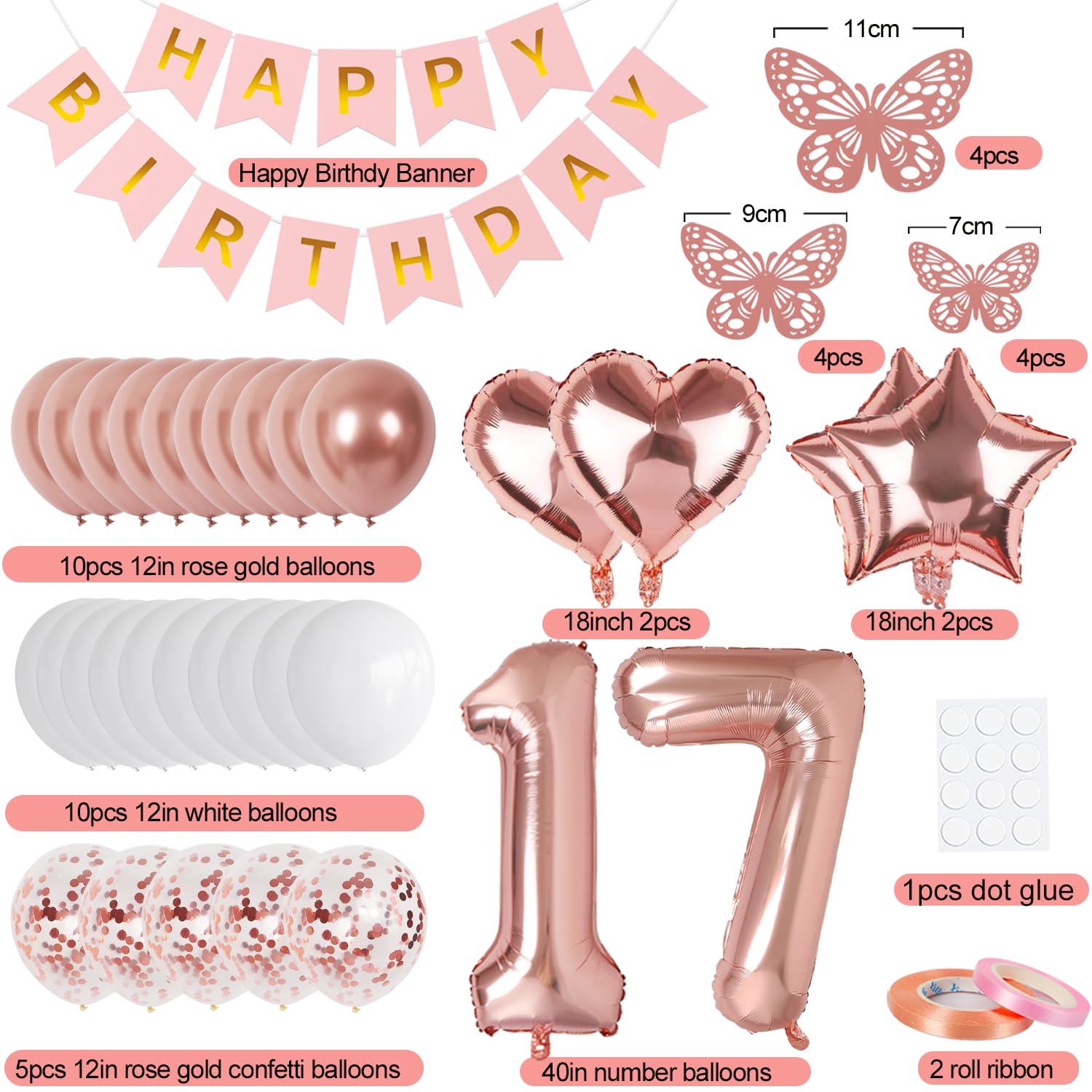 Rose Gold 17th Birthday Decorations Kit for Girls - VBEOLLOV 40-Inch Number 17 Foil Balloon, Banner, Butterfly & Balloon Set