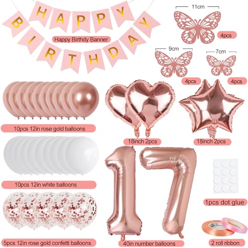 Rose Gold 17th Birthday Decorations Kit for Girls - VBEOLLOV 40-Inch Number 17 Foil Balloon, Banner, Butterfly & Balloon Set