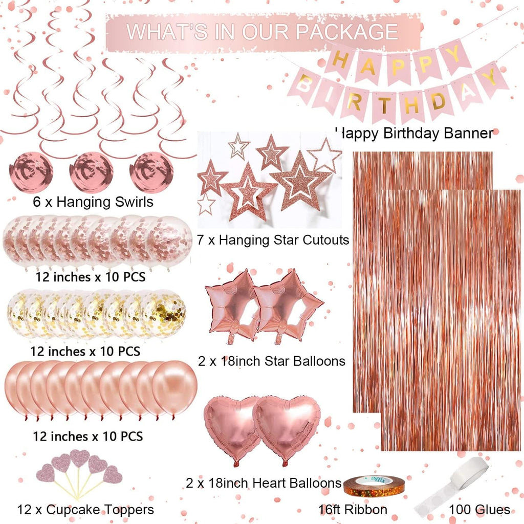 Rose Gold Birthday Party Decoration Set - 67 Pieces with Banner, Curtains, Balloons, and More