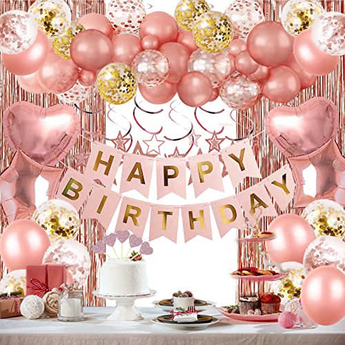 Rose Gold Birthday Party Decoration Set - 67 Pieces with Banner, Curtains, Balloons, and More