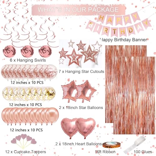 Rose Gold Birthday Party Decoration Set - 67 Pieces with Banner, Curtains, Balloons, and More