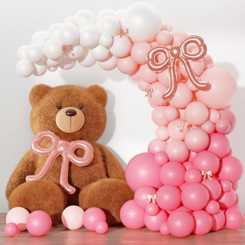 Rose Gold Bow Balloon Arch Kit – 140 Piece White and Pink Balloon Set for Birthday, Baby Shower, Wedding Decorations