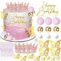 Rose Gold Crown Cake Topper Set - Birthday Decor with Crown, Balls, Butterflies & Candles