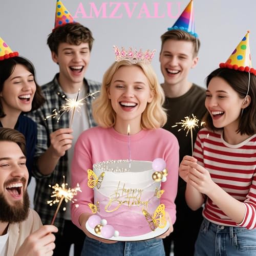 Rose Gold Crown Cake Topper Set - Birthday Decor with Crown, Balls, Butterflies & Candles