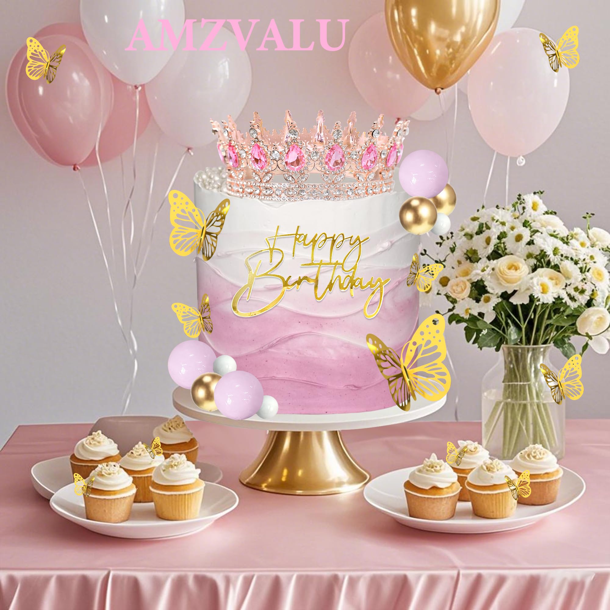 Rose Gold Crown Cake Topper Set - Birthday Decor with Crown, Balls, Butterflies & Candles