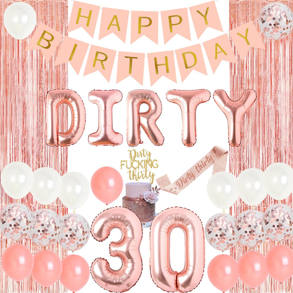 Rose Gold Dirty Thirty Party Decorations Kit – Banner, Balloons, Cake Topper & Sash for Her 30th Birthday
