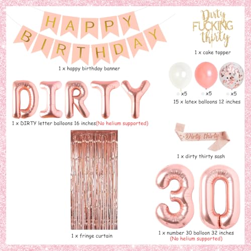 Rose Gold Dirty Thirty Party Decorations Kit – Banner, Balloons, Cake Topper & Sash for Her 30th Birthday