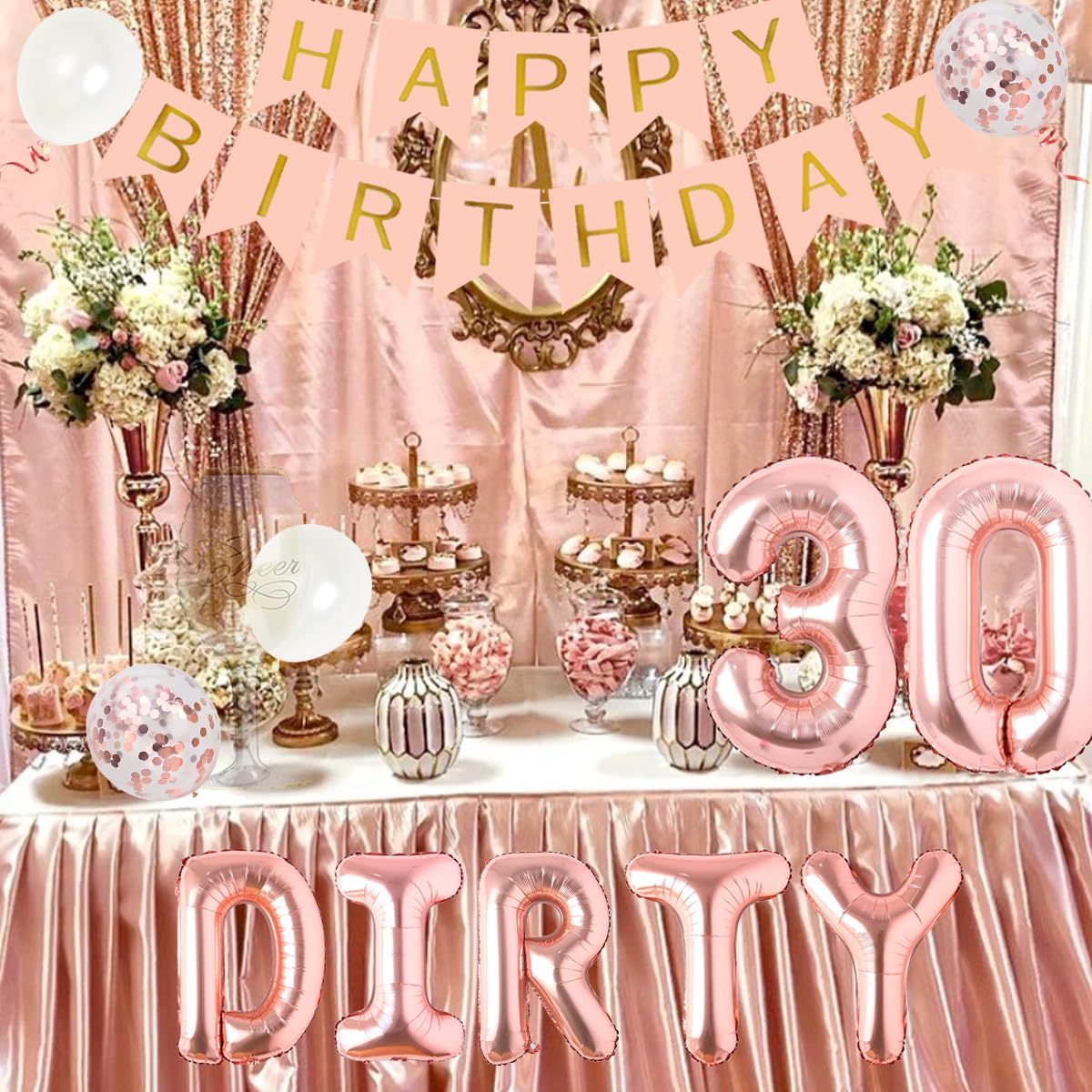 Rose Gold Dirty Thirty Party Decorations Kit – Banner, Balloons, Cake Topper & Sash for Her 30th Birthday