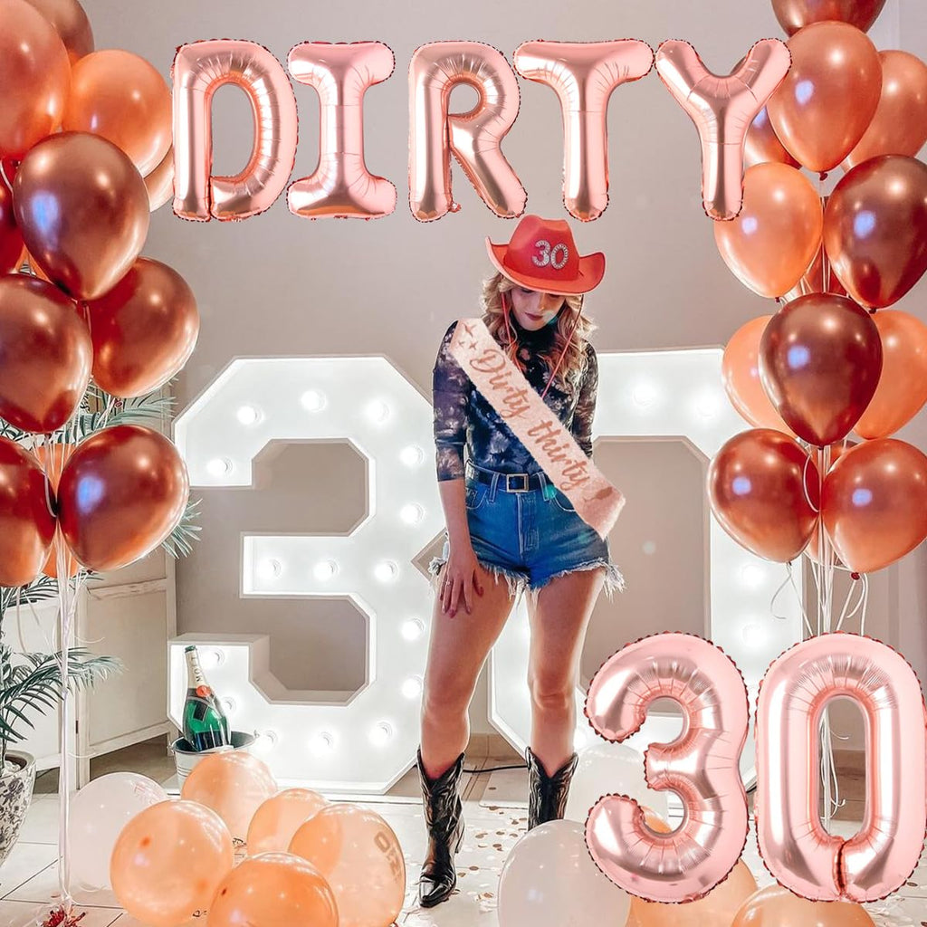 Rose Gold Dirty Thirty Party Decorations Kit – Banner, Balloons, Cake Topper & Sash for Her 30th Birthday
