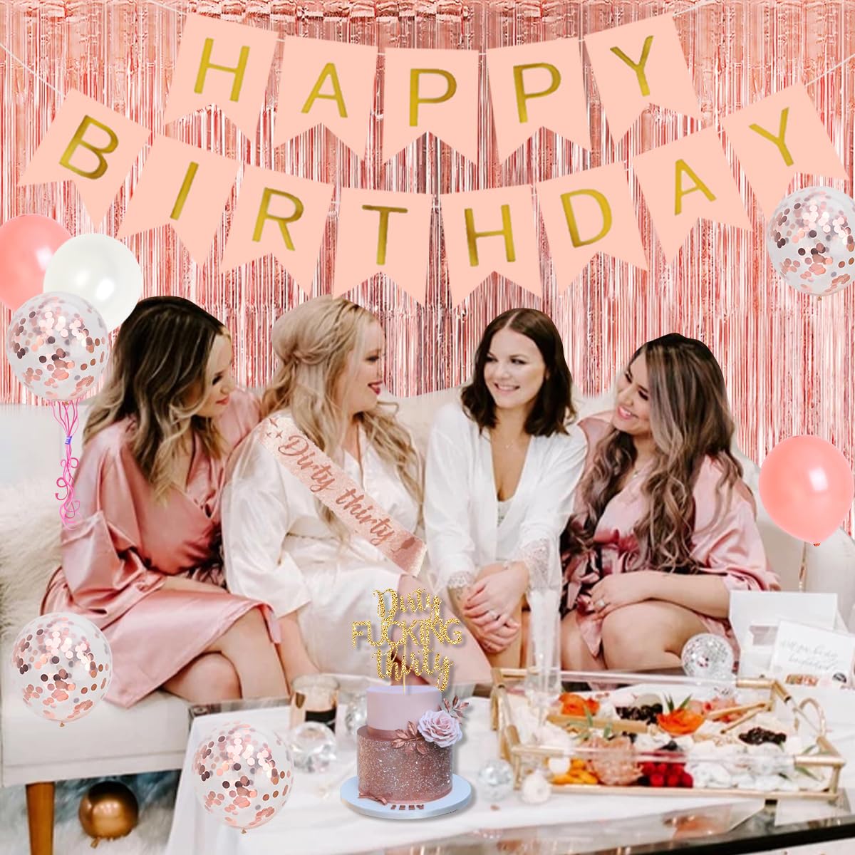 Rose Gold Dirty Thirty Party Decorations Kit – Banner, Balloons, Cake Topper & Sash for Her 30th Birthday