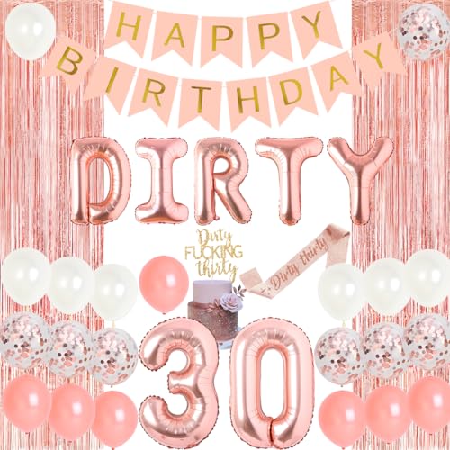 Rose Gold Dirty Thirty Party Decorations Kit – Banner, Balloons, Cake Topper & Sash for Her 30th Birthday