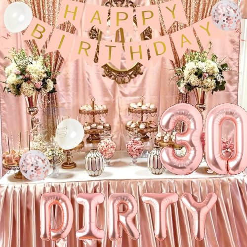 Rose Gold Dirty Thirty Party Decorations Kit – Banner, Balloons, Cake Topper & Sash for Her 30th Birthday