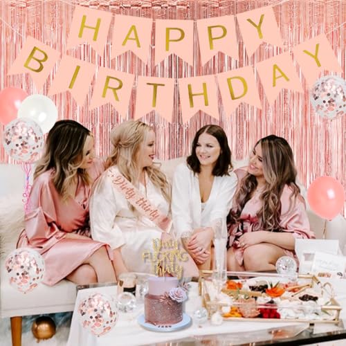 Rose Gold Dirty Thirty Party Decorations Kit – Banner, Balloons, Cake Topper & Sash for Her 30th Birthday