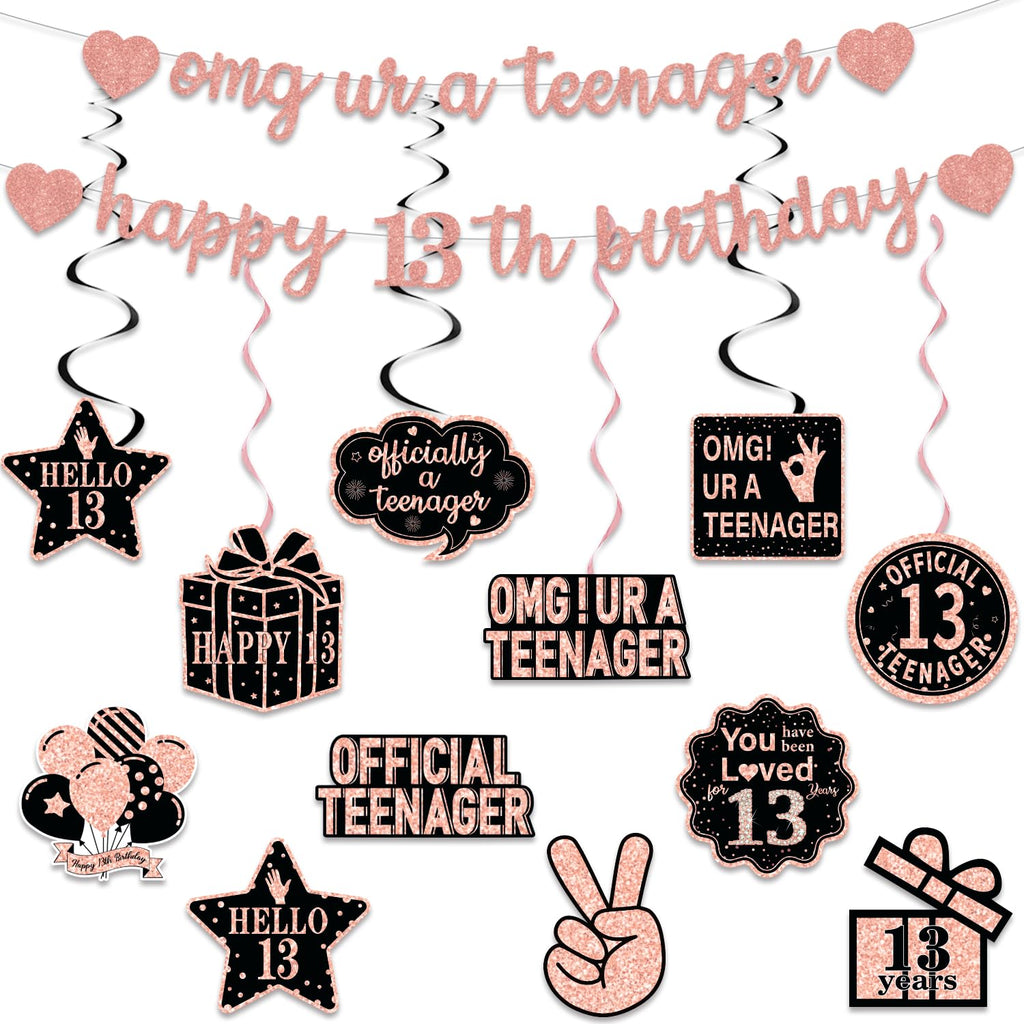 Rose Gold Glitter 13th Birthday Banner Set - Pre-Strung Hanging Swirls & Decorative Cards for Girls' Party Decor