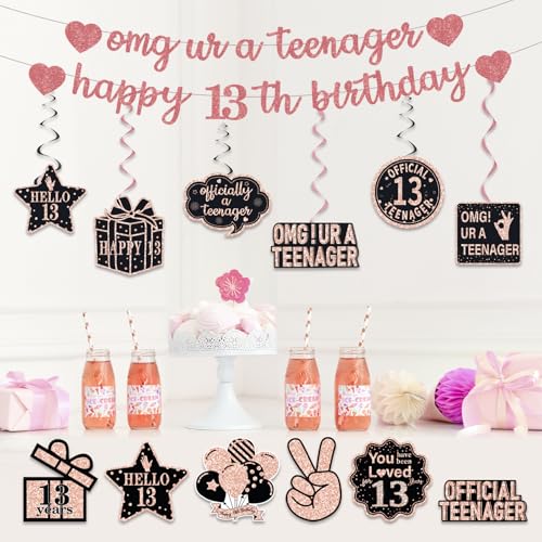 Rose Gold Glitter 13th Birthday Banner Set - Pre-Strung Hanging Swirls & Decorative Cards for Girls' Party Decor